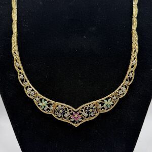925 Vermeil Sterling Silver Ruby Emerald Sapphire Diamond Floral Necklace 18"